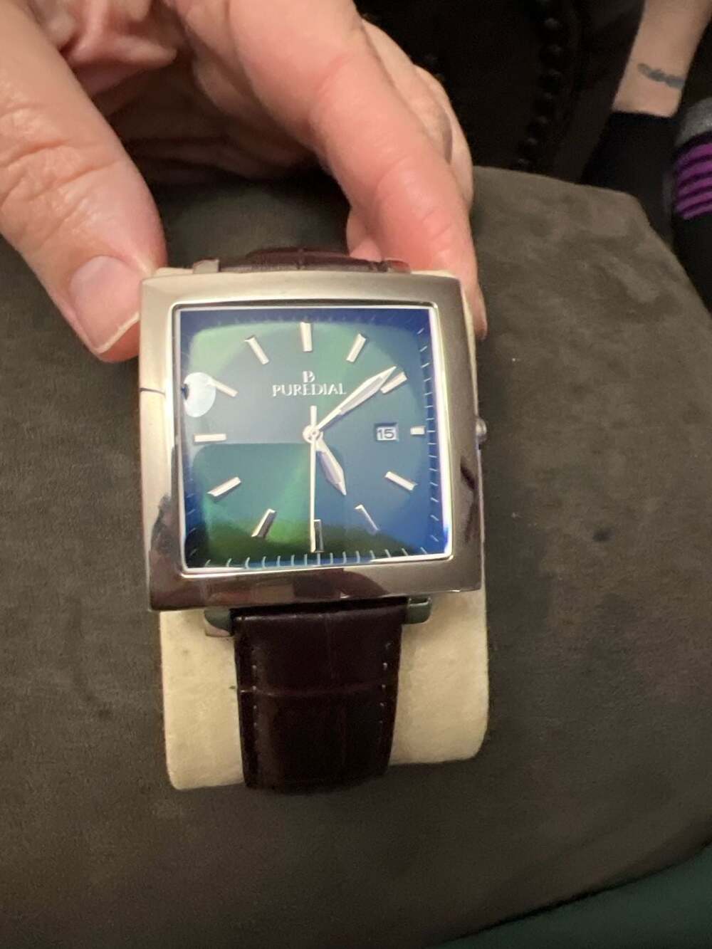 Puredial Square Legacy 1860's Inspired Men's Watch with Blue Dial and Brown Leat